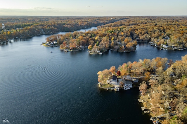 drone / aerial view featuring a wooded view and a water view