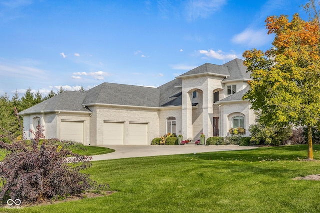 french country inspired facade with an attached garage, concrete driveway, a front yard, and a shingled roof