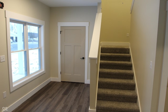 stairs with baseboards, a healthy amount of sunlight, and wood finished floors