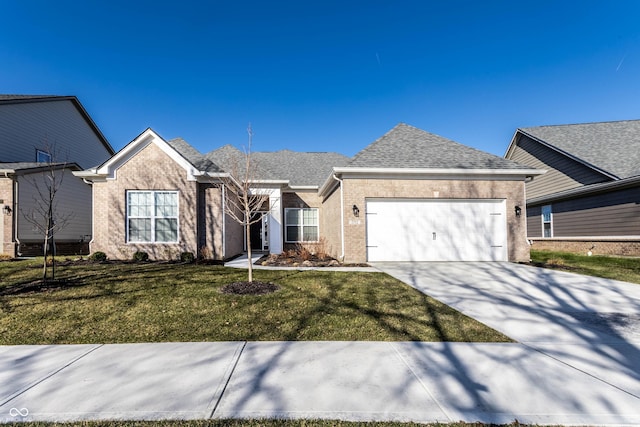 ranch-style house with driveway, an attached garage, a shingled roof, a front lawn, and brick siding