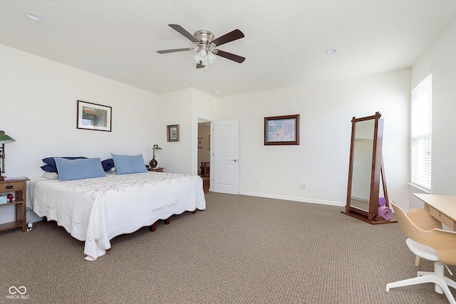 bedroom with baseboards, carpet, and a ceiling fan