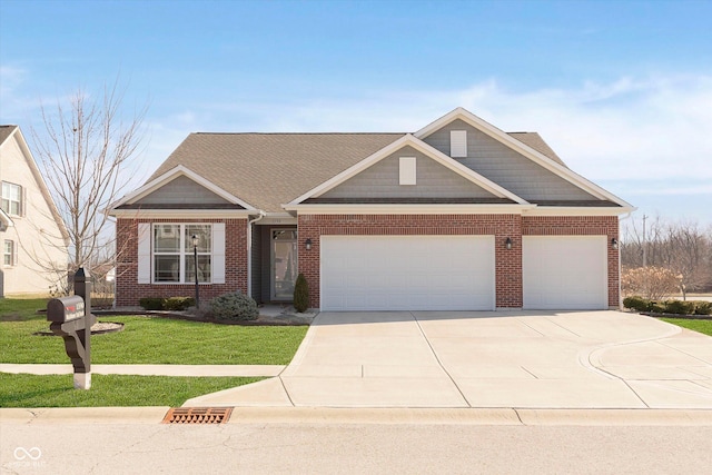 view of front of house with concrete driveway, an attached garage, brick siding, and a front yard