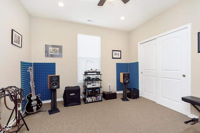 office featuring recessed lighting, visible vents, carpet floors, and ceiling fan