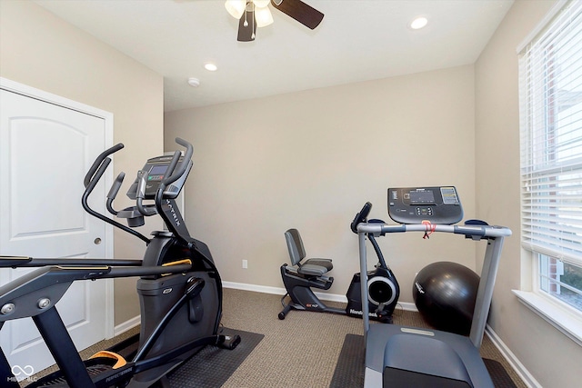 workout area with plenty of natural light, recessed lighting, and baseboards