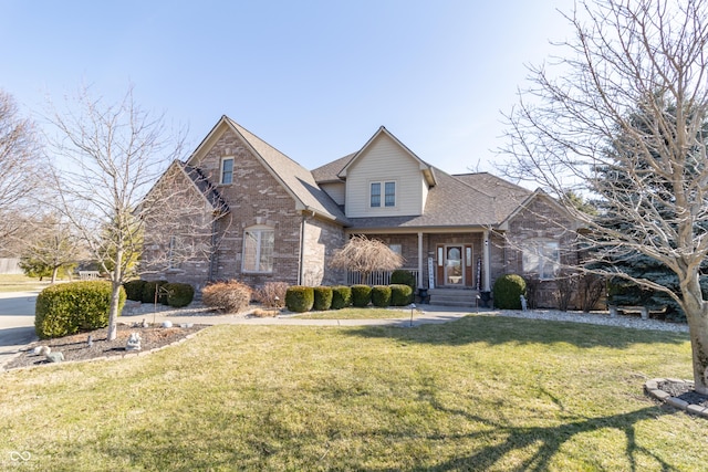 view of front of property featuring brick siding, a front yard, and roof with shingles