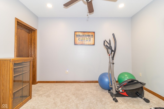 workout area featuring recessed lighting, a ceiling fan, baseboards, and carpet floors