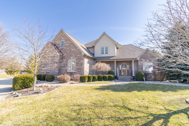 view of front of house featuring brick siding, a front lawn, and a shingled roof