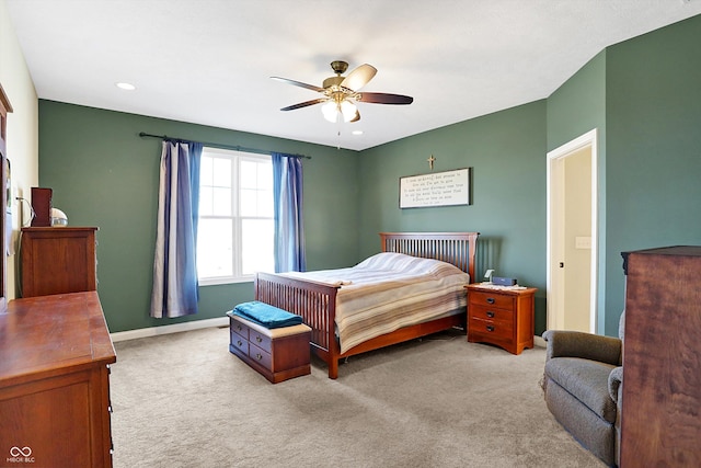 carpeted bedroom with recessed lighting, baseboards, and a ceiling fan