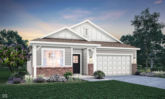 view of front of property with driveway, roof with shingles, an attached garage, a front lawn, and brick siding