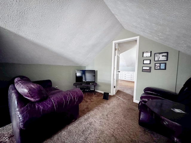 living area featuring baseboards, carpet flooring, a textured ceiling, and lofted ceiling