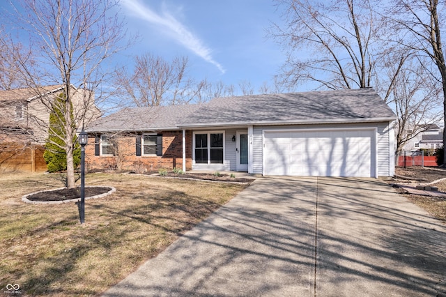 ranch-style home featuring brick siding, an attached garage, driveway, and a shingled roof