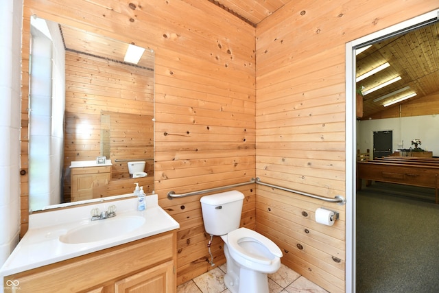 bathroom featuring wooden walls, toilet, wood ceiling, and vanity