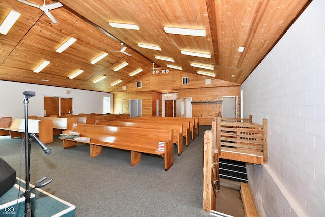 game room featuring carpet flooring and wood ceiling