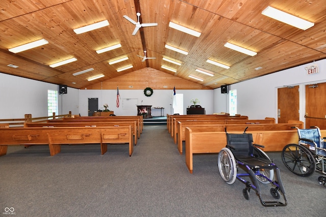 playroom featuring vaulted ceiling, wood ceiling, and carpet floors