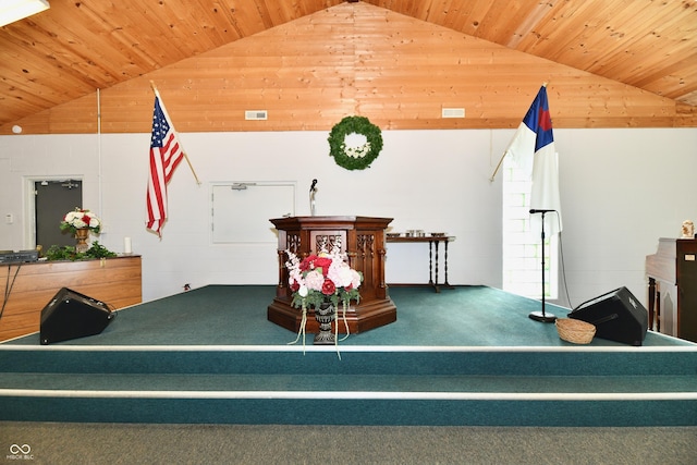 recreation room with lofted ceiling and wood ceiling