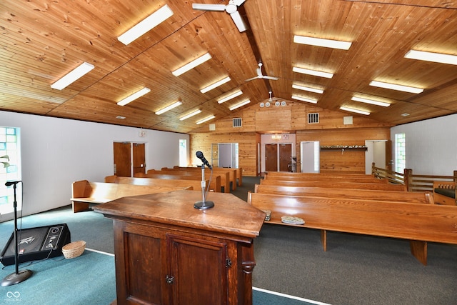 carpeted office with lofted ceiling, visible vents, wooden ceiling, and ceiling fan