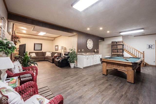 rec room featuring recessed lighting, pool table, and dark wood-style flooring