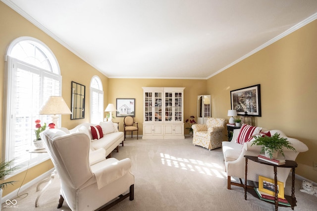 living room with baseboards, light colored carpet, and ornamental molding