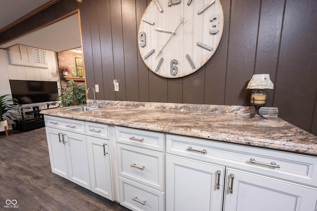 interior space featuring wood finished floors, wood walls, and a sink