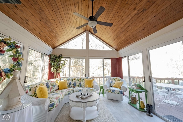 sunroom featuring lofted ceiling, wooden ceiling, and a ceiling fan