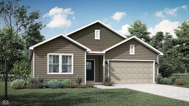 view of front of property featuring concrete driveway, a garage, and a front yard