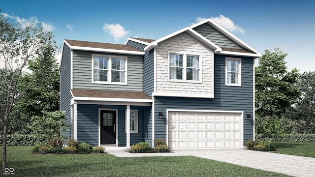 view of front of house featuring a front lawn, roof with shingles, concrete driveway, and an attached garage