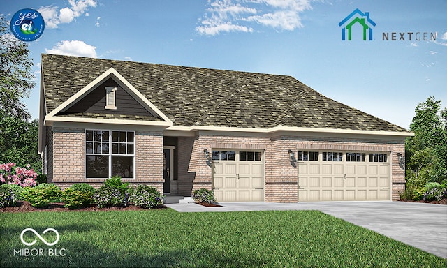 view of front of house featuring a garage, brick siding, concrete driveway, and a front lawn