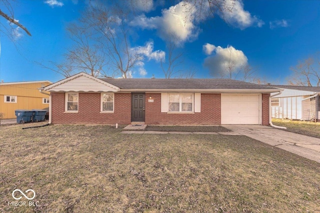 ranch-style house with a garage, brick siding, concrete driveway, and a front yard