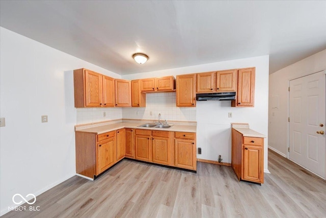 kitchen featuring light wood-style flooring, under cabinet range hood, a sink, tasteful backsplash, and baseboards