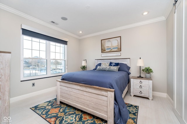 bedroom with recessed lighting, crown molding, and baseboards