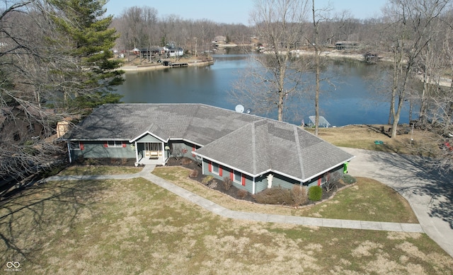 drone / aerial view featuring a water view