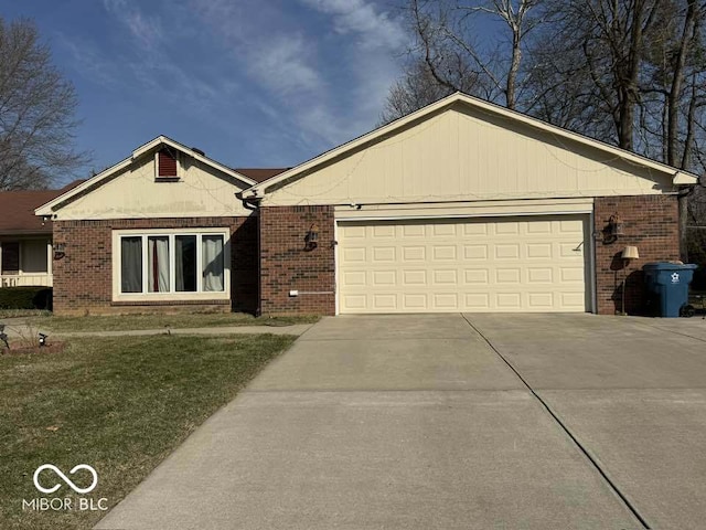 ranch-style home with a garage, brick siding, and concrete driveway