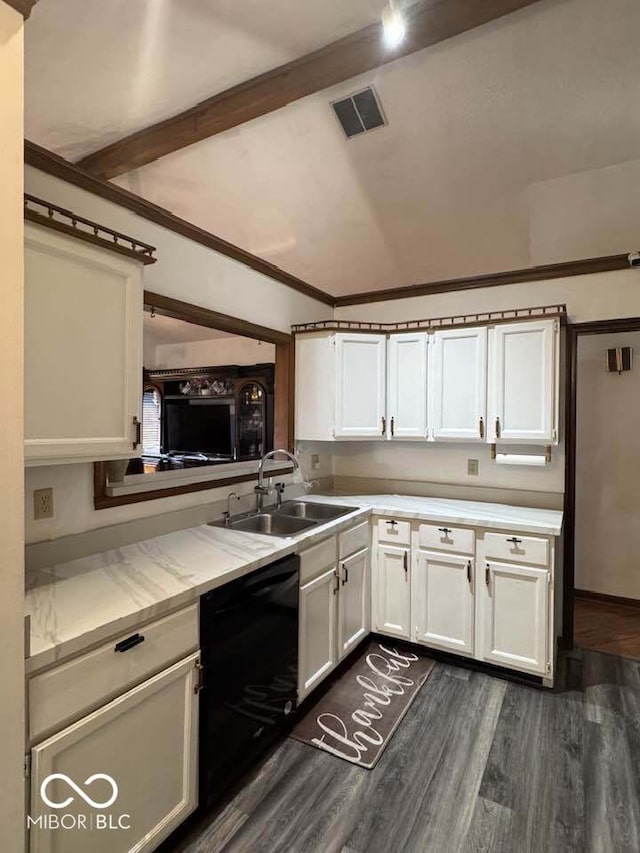 kitchen featuring visible vents, lofted ceiling with beams, a sink, white cabinets, and dishwasher