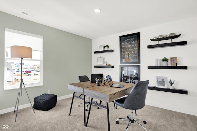 carpeted home office featuring visible vents, recessed lighting, and baseboards