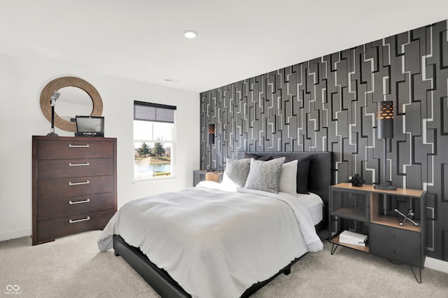 carpeted bedroom with recessed lighting and baseboards