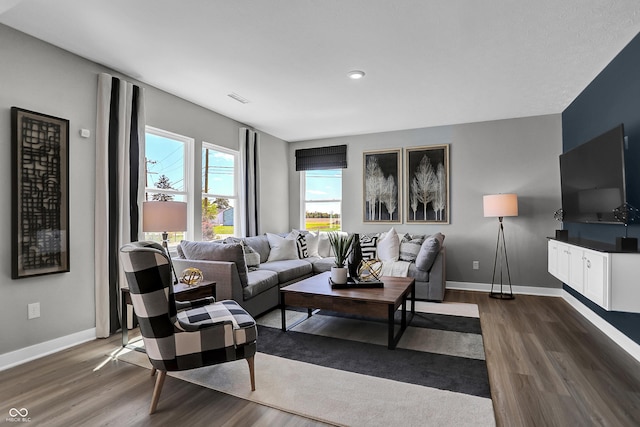 living area featuring baseboards and dark wood-type flooring