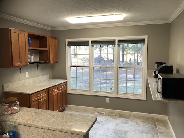 kitchen with crown molding, baseboards, and brown cabinets