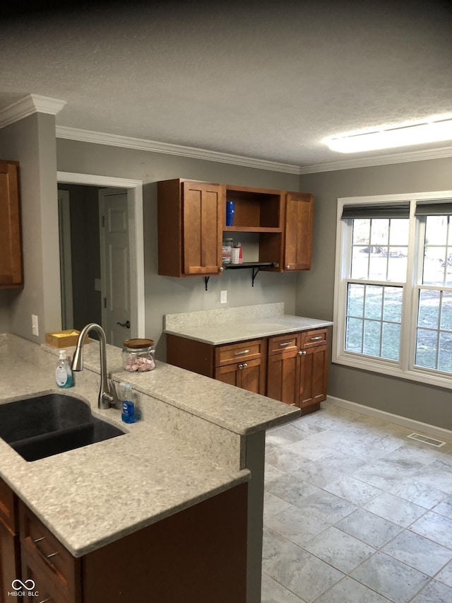 kitchen featuring visible vents, crown molding, baseboards, light countertops, and a sink