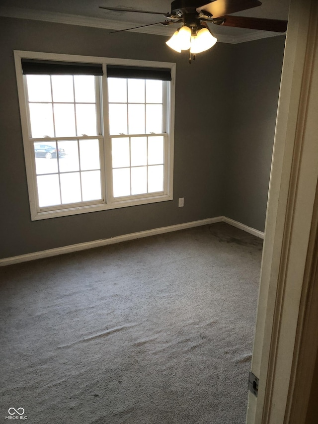 carpeted empty room featuring ceiling fan, baseboards, and ornamental molding