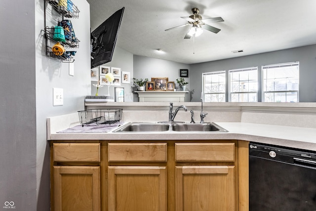 kitchen with visible vents, a sink, light countertops, dishwasher, and ceiling fan