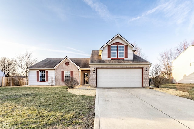 view of front facade with fence, roof with shingles, concrete driveway, a front lawn, and brick siding