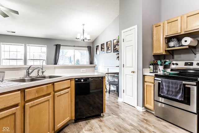 kitchen with light brown cabinets, black dishwasher, light wood-style flooring, stainless steel range with electric stovetop, and a sink