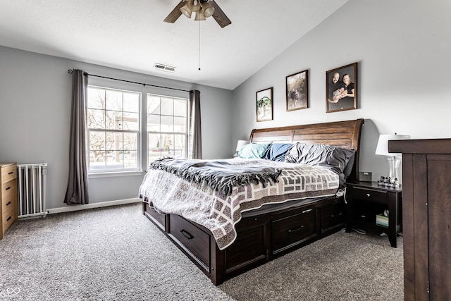 bedroom featuring visible vents, lofted ceiling, radiator heating unit, carpet flooring, and baseboards