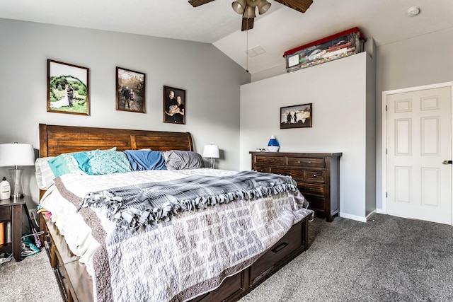 carpeted bedroom with vaulted ceiling, baseboards, visible vents, and ceiling fan