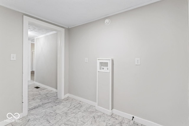 clothes washing area featuring hookup for a washing machine, baseboards, visible vents, laundry area, and marble finish floor