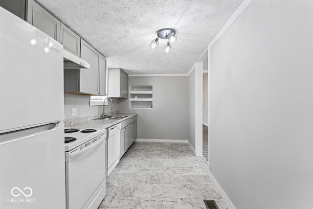 kitchen featuring white appliances, baseboards, a sink, under cabinet range hood, and marble finish floor