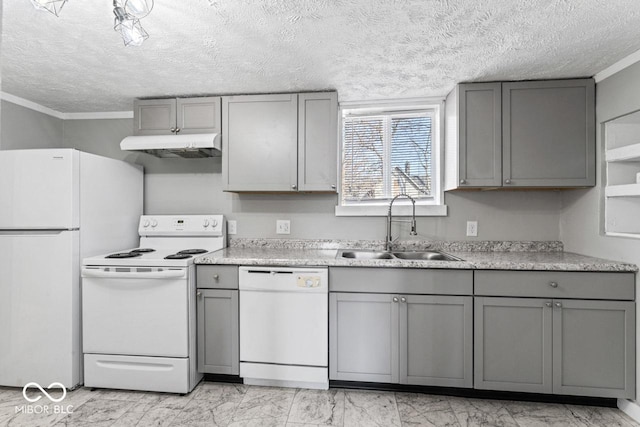 kitchen with white appliances, gray cabinets, a sink, under cabinet range hood, and marble finish floor