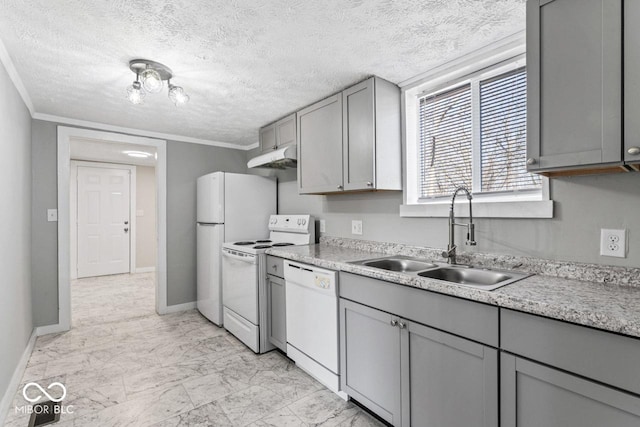 kitchen with a sink, white appliances, marble finish floor, and gray cabinets