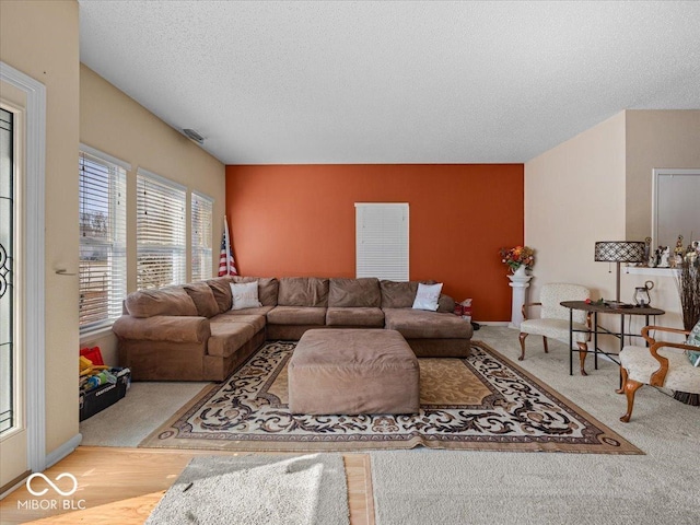 living area featuring wood finished floors, visible vents, and a textured ceiling