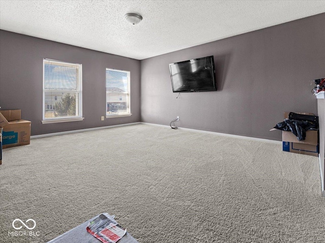 living area featuring baseboards, carpet floors, and a textured ceiling